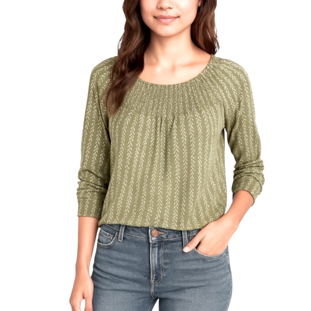 Lucky Brand Sage Green Chevron Smocked Top